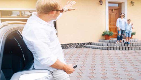 Father brings son home to his mother, son waves good-bye to him